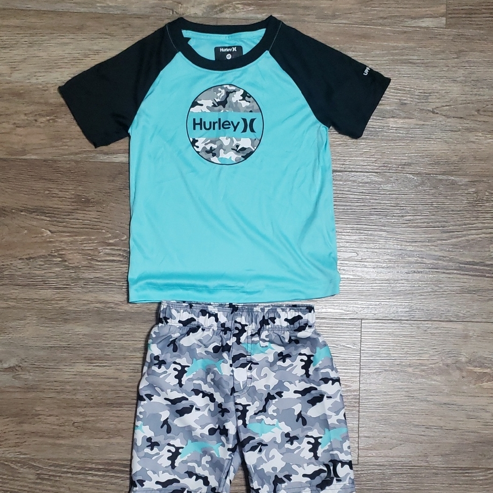 Hurley Aqua and Black Rash Guard with Camo Shorts